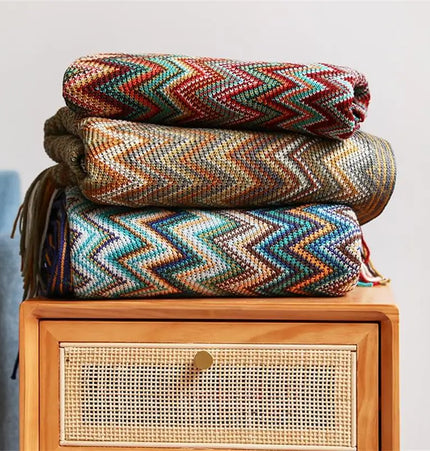 Boho Hand Knitted Blanket Throw with Tassel