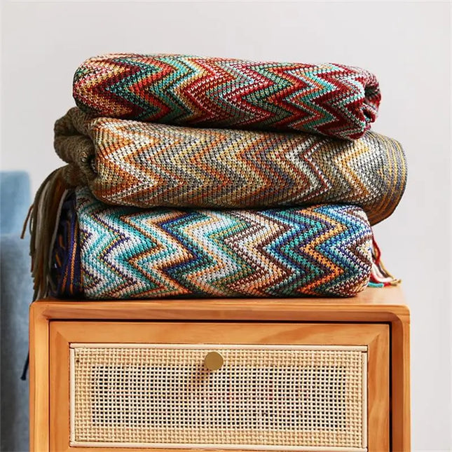Boho Hand Knitted Blanket Throw with Tassel