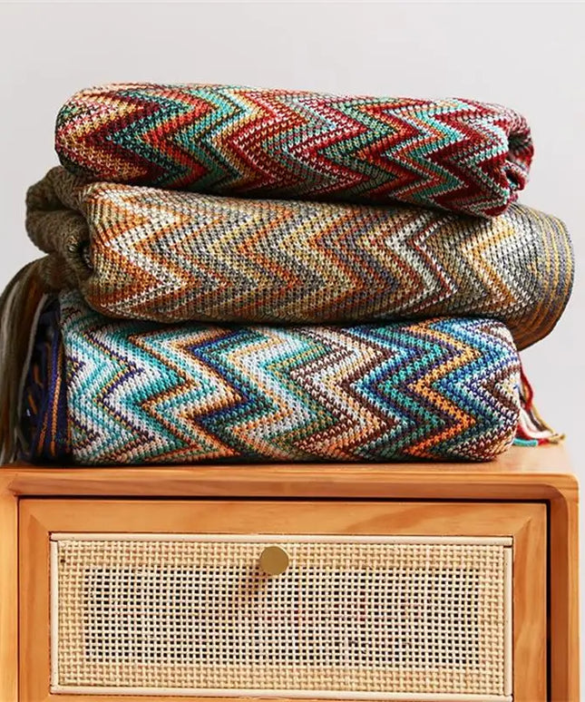 Boho Hand Knitted Blanket Throw with Tassel