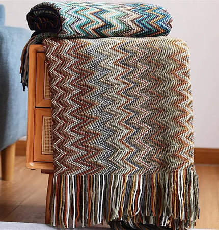 Boho Hand Knitted Blanket Throw with Tassel