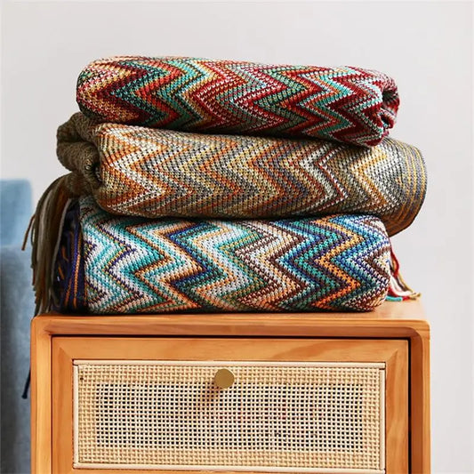 Boho Hand Knitted Blanket Throw with Tassel