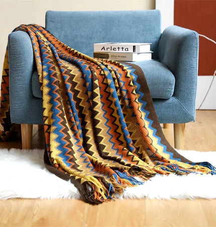 Boho Hand Knitted Blanket Throw with Tassel