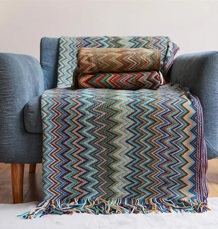 Boho Hand Knitted Blanket Throw with Tassel