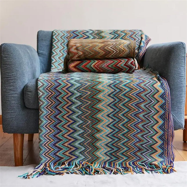 Boho Hand Knitted Blanket Throw with Tassel
