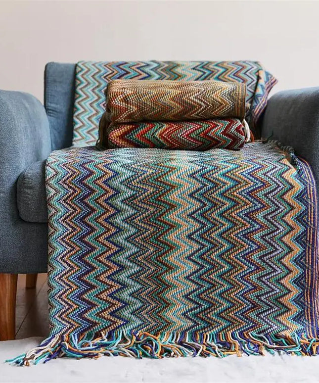 Boho Hand Knitted Blanket Throw with Tassel