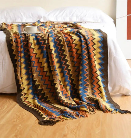 Boho Hand Knitted Blanket Throw with Tassel