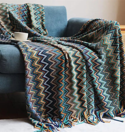 Boho Hand Knitted Blanket Throw with Tassel